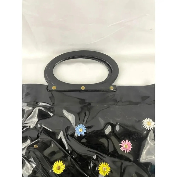 VTG Black Vinyl Daisy 3D Tote Bag Purse 14"x15" Retro Textured Round Handles - Picture 9 of 15